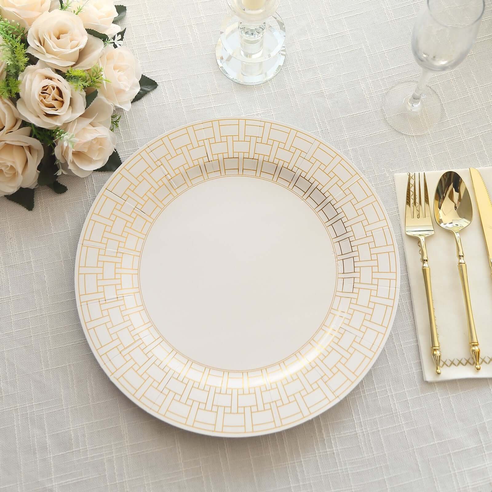 10-Pack Cardstock Paper Charger Plates in White with Gold Basketweave Pattern Rim - 650GSM Cardboard Placemats for Weddings & Banquets 13"