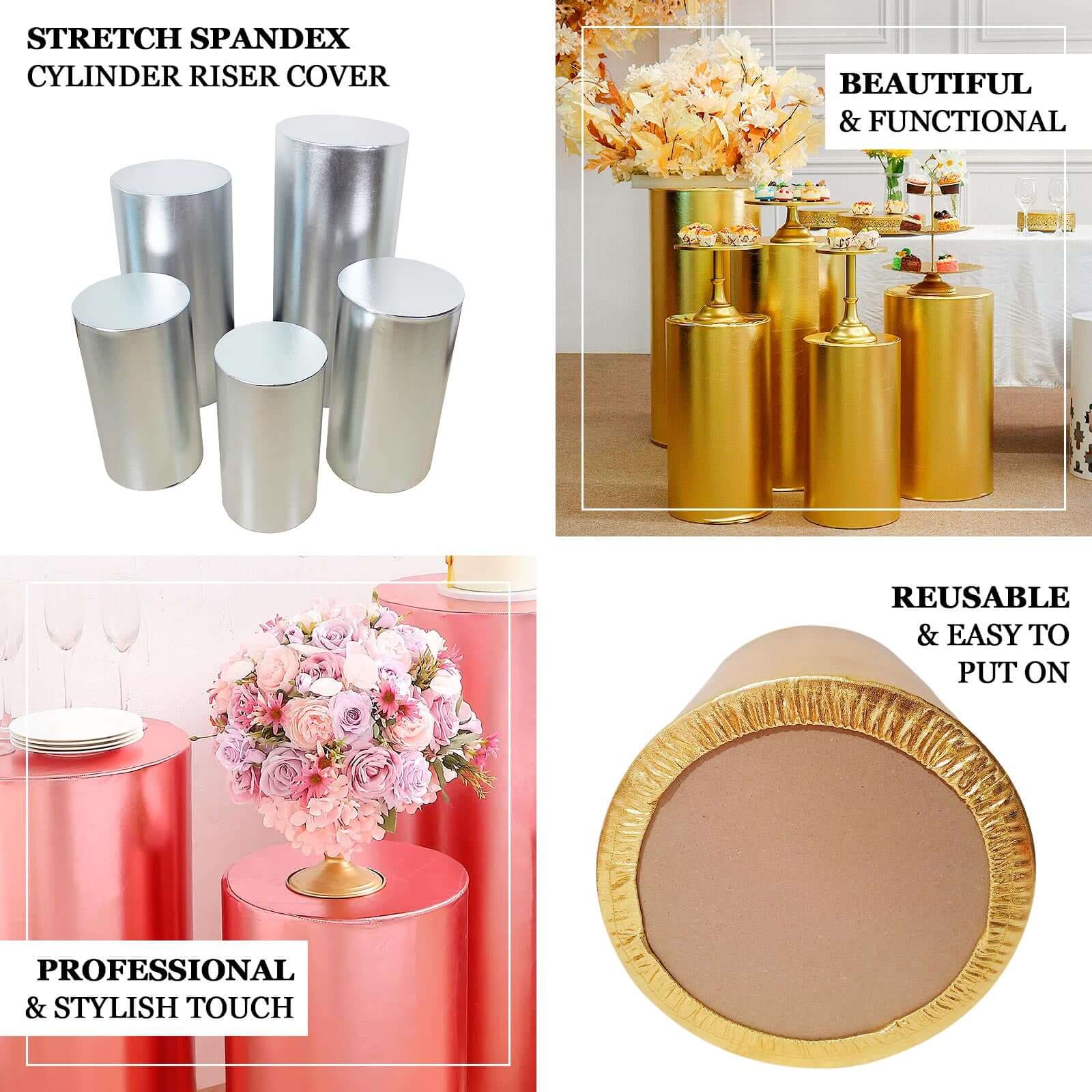Set of 5 Metallic Gold Spandex Cylinder Pedestal Stand Covers, Shiny Stretchable Pillar Prop Covers - 130 GSM