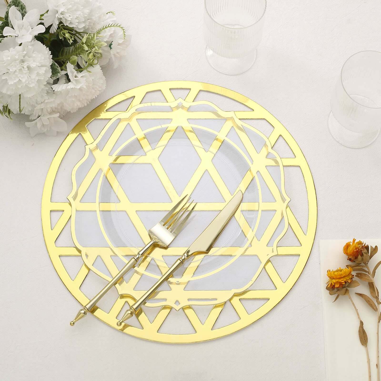 6-Pack Disposable Table Placemats in Metallic Gold Laser Cut Geometric Triangle Design - 700GSM Cardboard Placemats for Glamorous Table Settings 13"