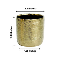 2-Pack Flower Plant Pots Textured Round Design Metallic Gold - Ceramic Cylindrical Indoor Planters 5"
