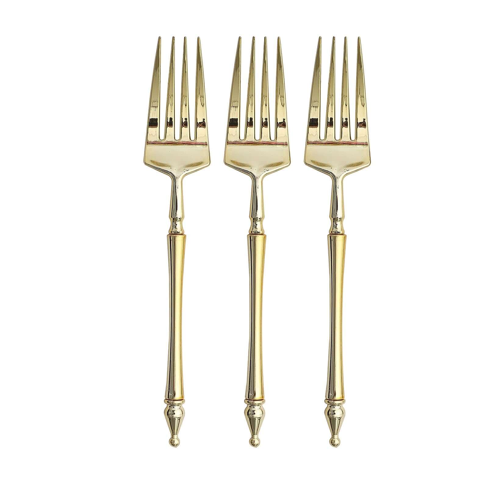 24-Pack Plastic Dessert Forks with Roman Column Handle Gold - European Style Disposable Utensils 6"