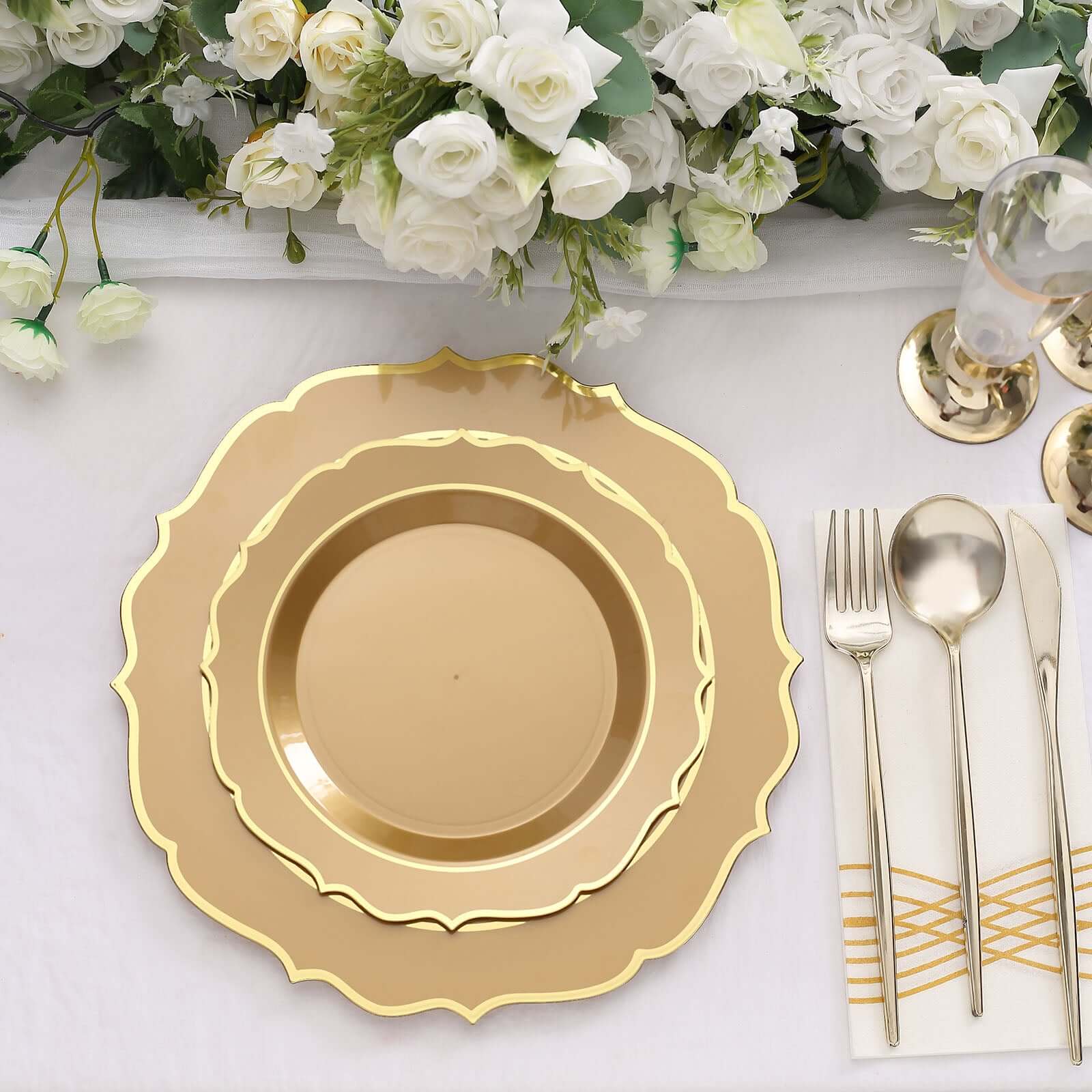 10-Pack Plastic 10" Round Dinner Plates in Gold with Gold Scalloped Rim - Disposable Party Plates