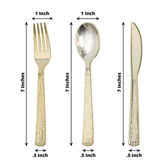 24-Pack Plastic Silverware Set with Hammered Design Gold - Heavy Duty Disposable Utensils 7"