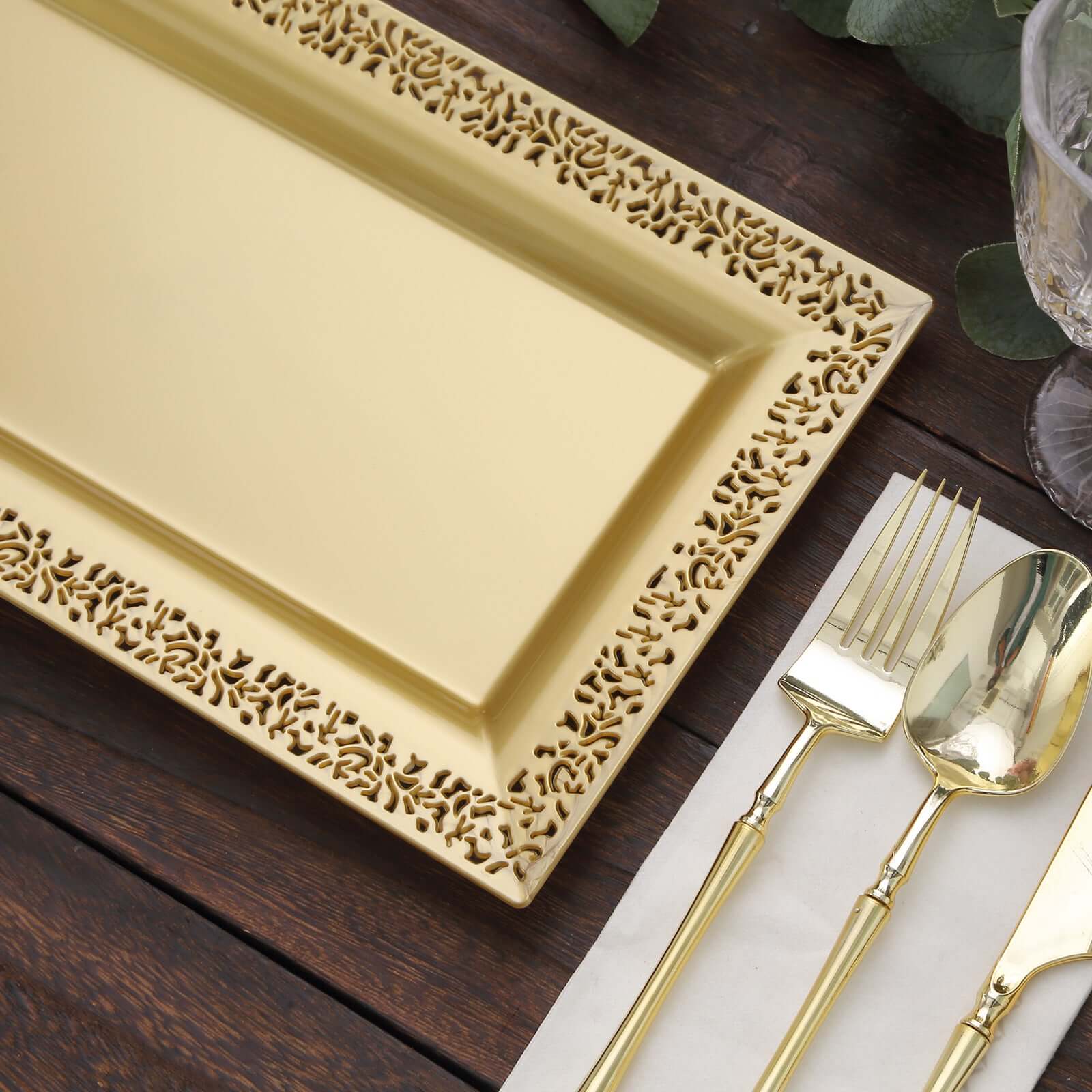 4-Pack Plastic 14" Rectangle Serving Trays Gold with Lace Rim - Chic Decorative Table Tray Platters for Buffets Banquets Dinner Parties