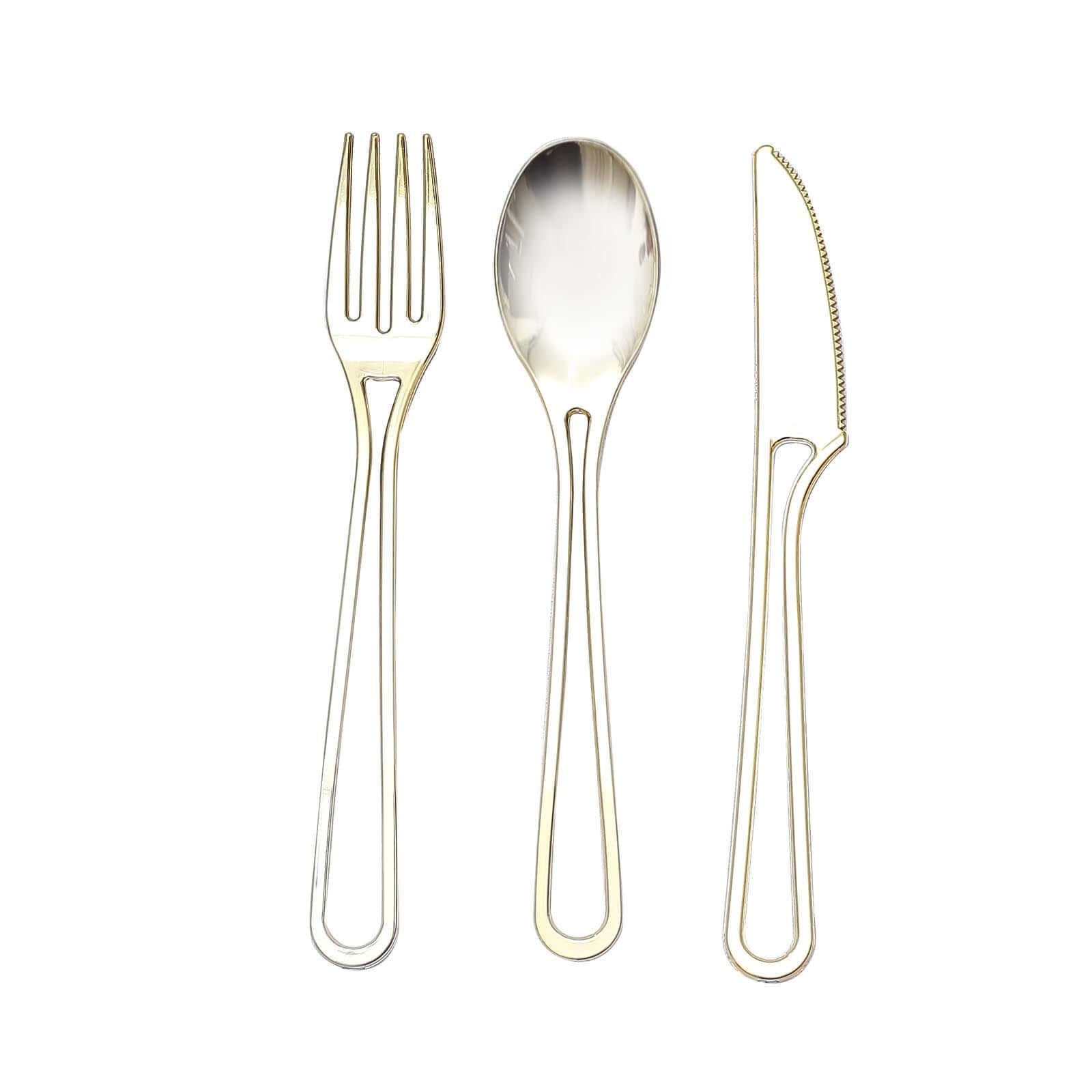 24-Pack Plastic Utensil Set with Modern Hollow Handle Design Gold - Disposable Silverware 7" for Parties