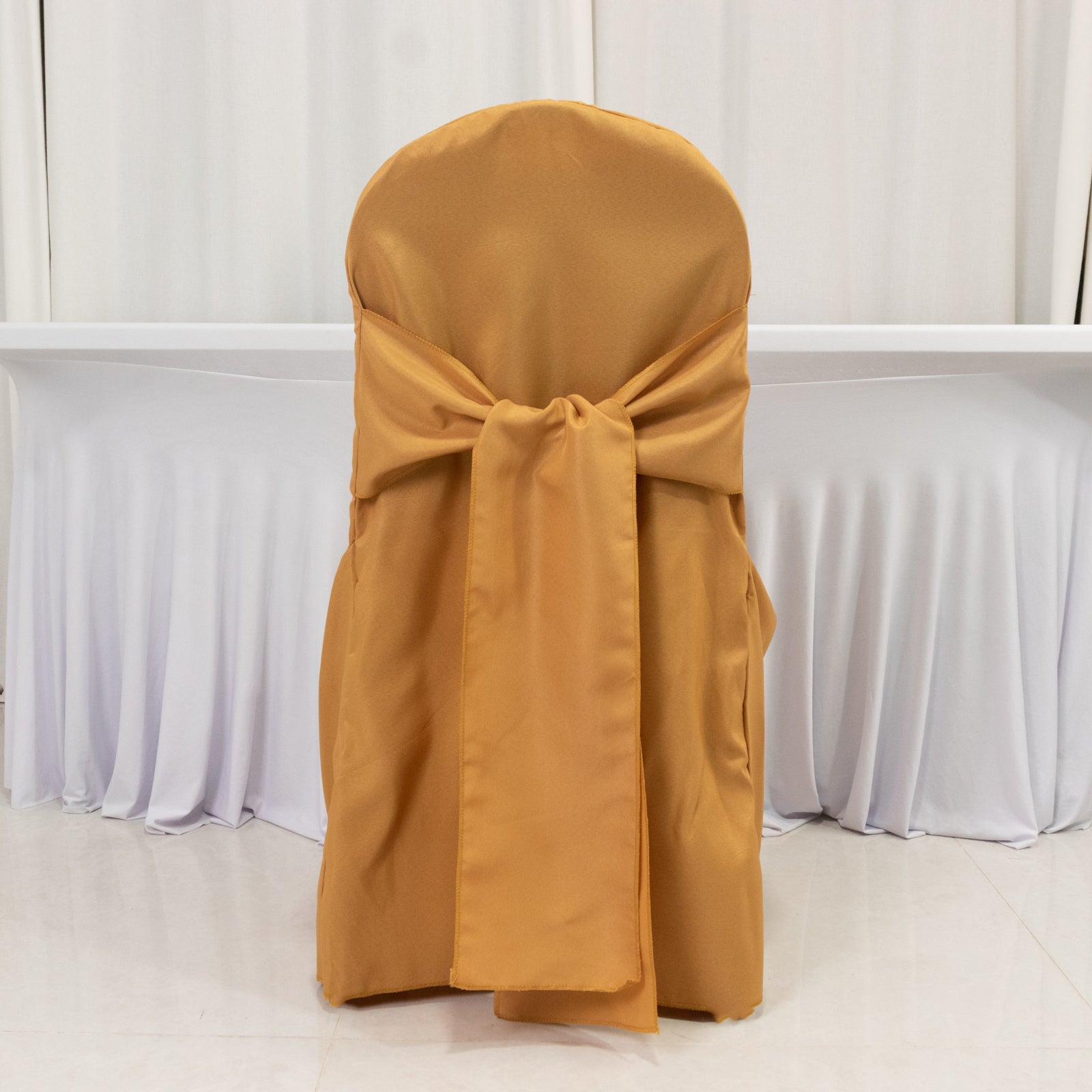 10-Pack Polyester Slip-On Banquet Chair Covers with Attached Sashes – Gold Reusable Stain-Resistant Covers for Wedding & Event Decor