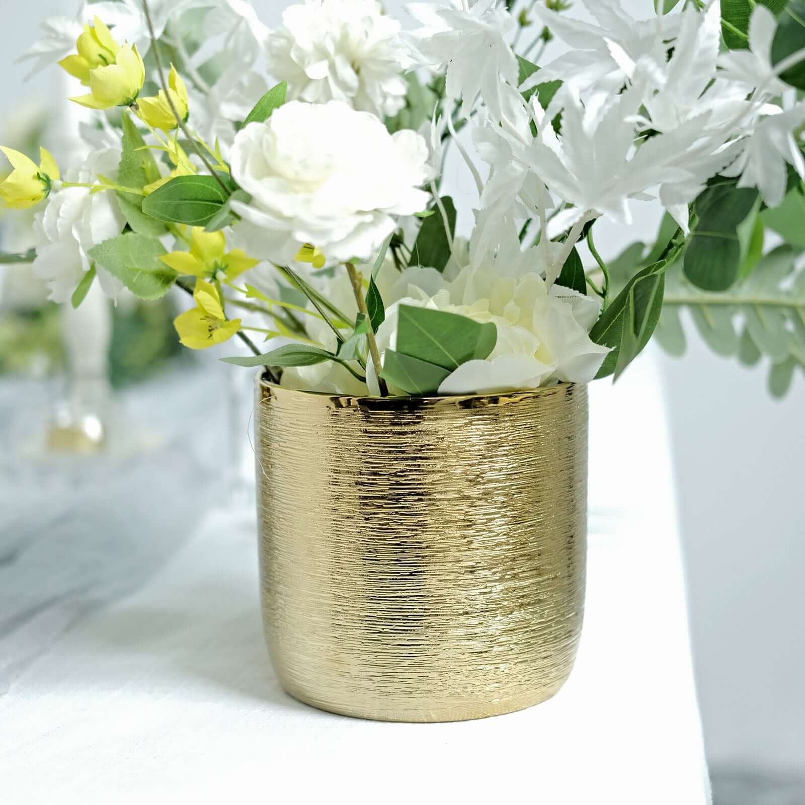 2-Pack Flower Plant Pots Textured Round Design Metallic Gold - Ceramic Cylindrical Indoor Planters 5"