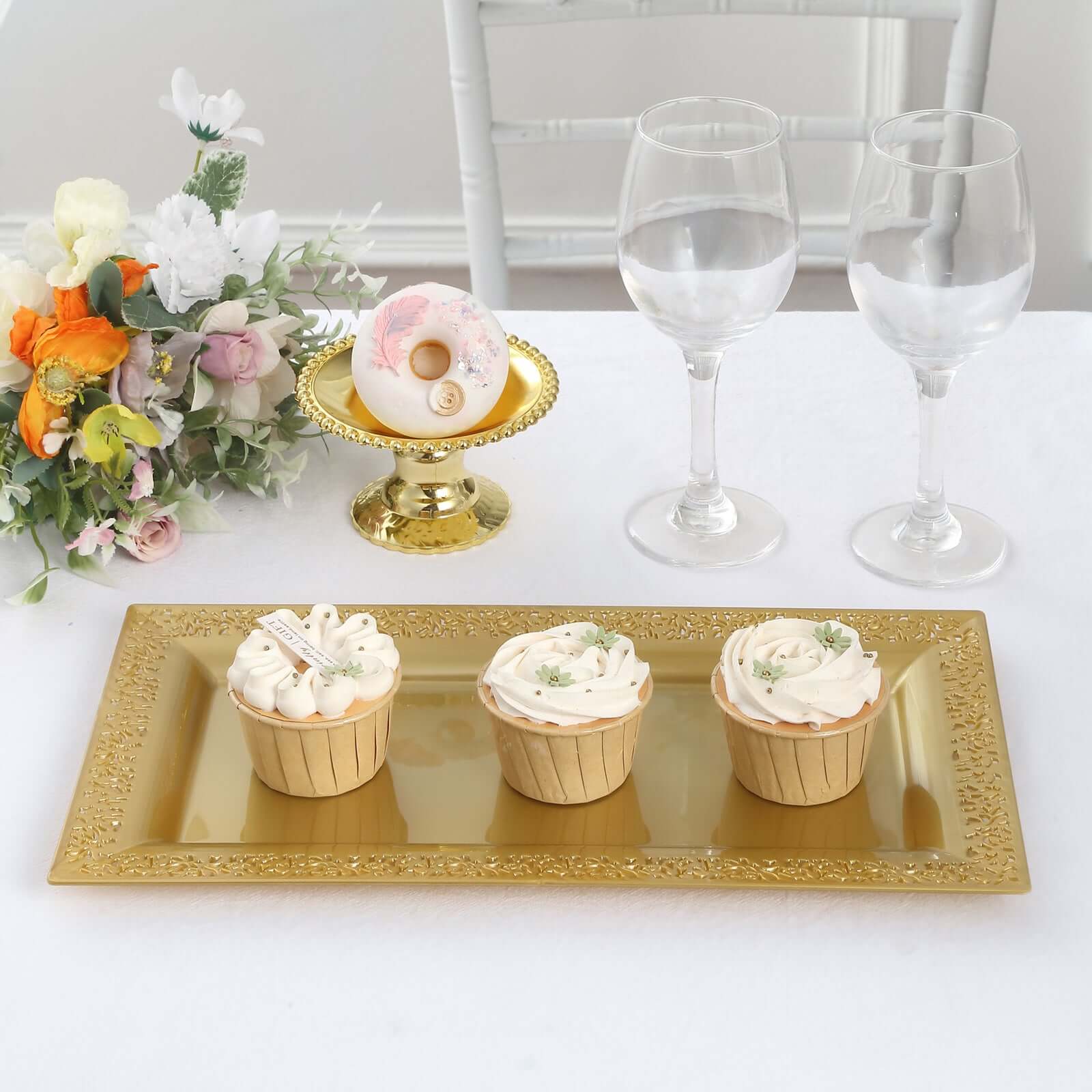 4-Pack Plastic 14" Rectangle Serving Trays Gold with Lace Rim - Chic Decorative Table Tray Platters for Buffets Banquets Dinner Parties