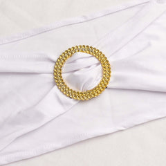 5 Pack Spandex Chair Sashes White with Gold Rhinestone Buckles - Reusable Four-Way Stretch Sash Bands for Classy & Effortless Wedding & Party Decor 5"x14"