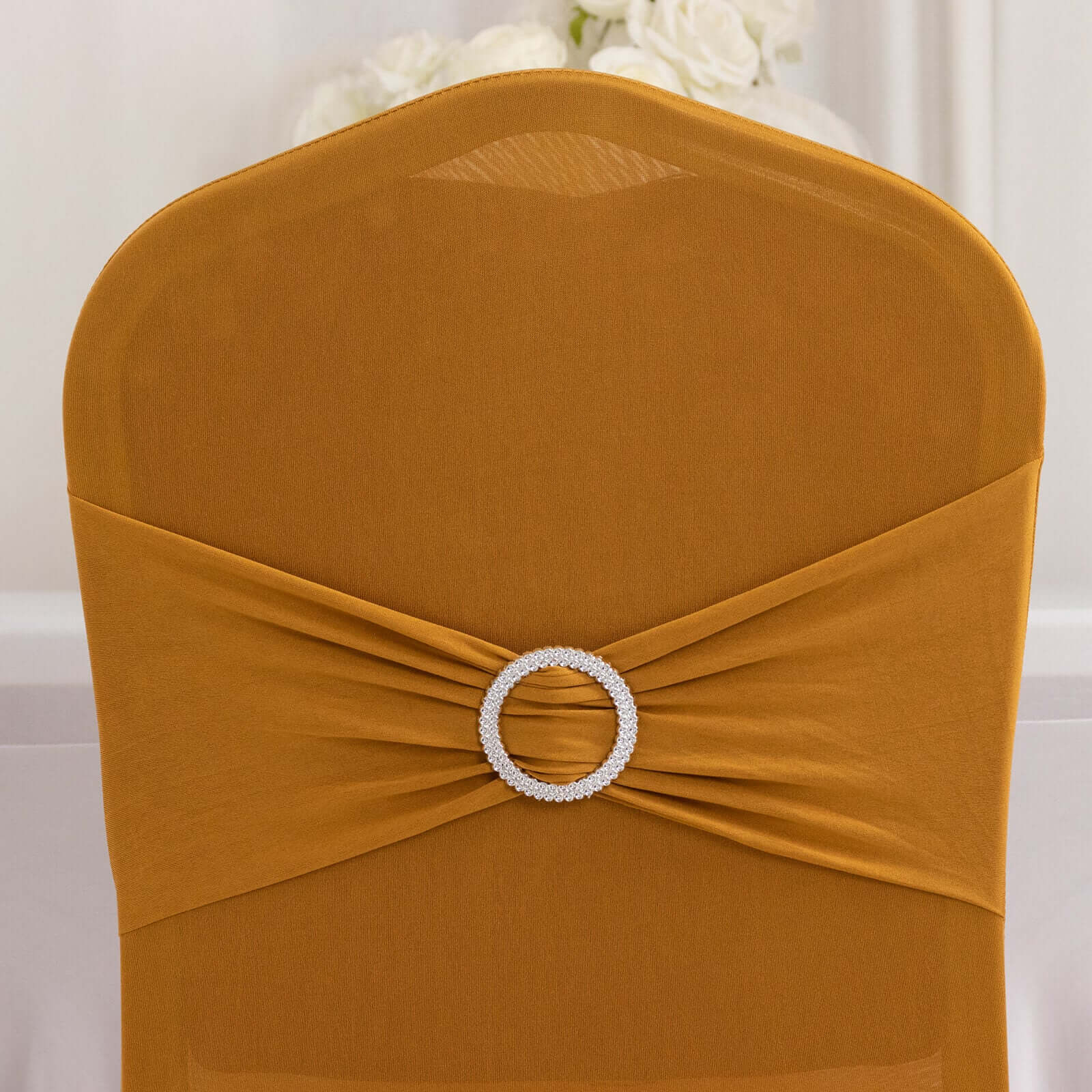 Spandex Chair Cover with Silver Rhinestone Buckled Sash Band Gold - Stylish Stretch Fitted Slipcover for Banquets & Events