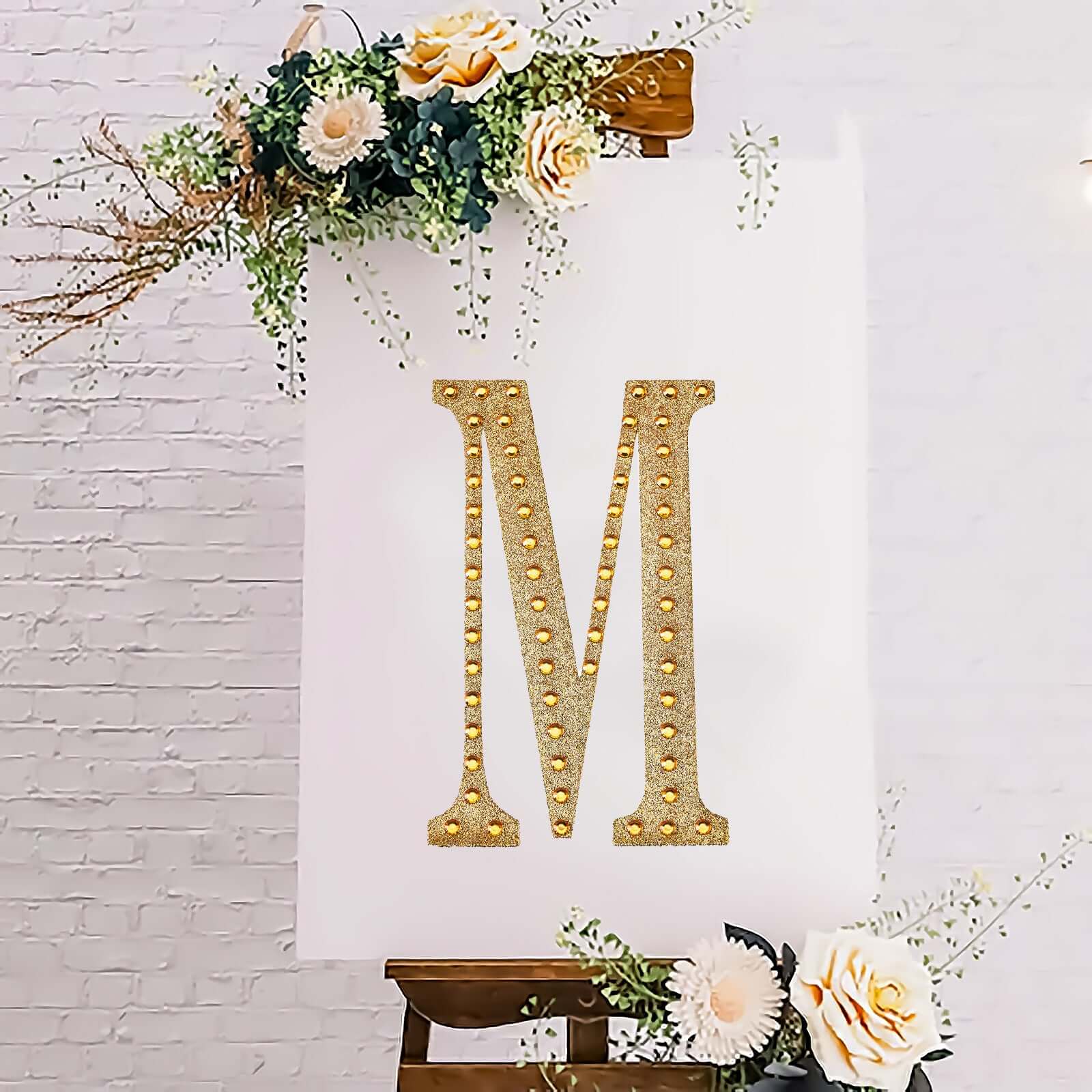 Decorative Rhinestone Alphabet "M" Letter Stickers, Glitter Adhesive Craft Letters Gold DIY Sparkle Embellishments 8"