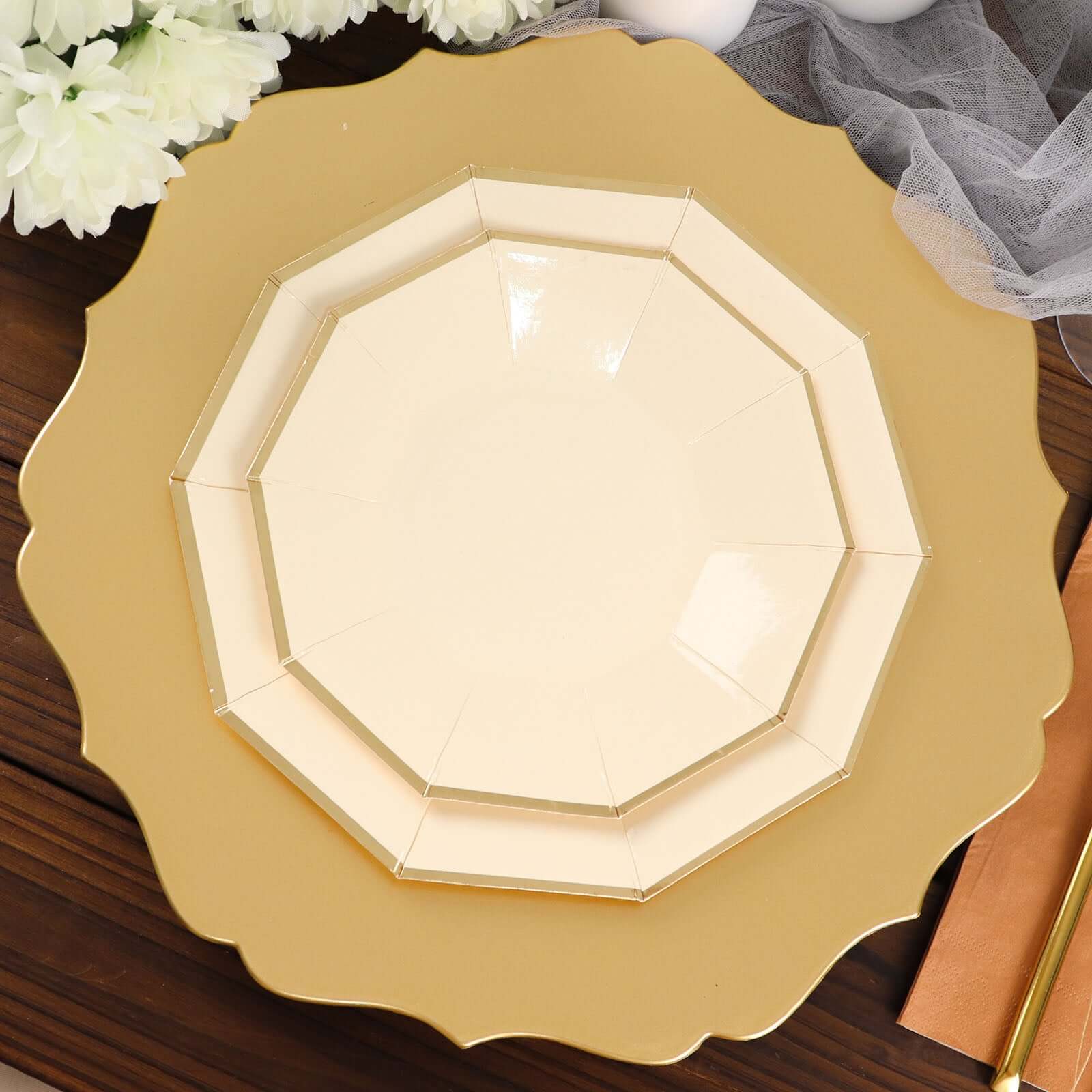 25-Pack Paper 7" Decagon Appetizer Plates in Beige with Gold Foil Rim