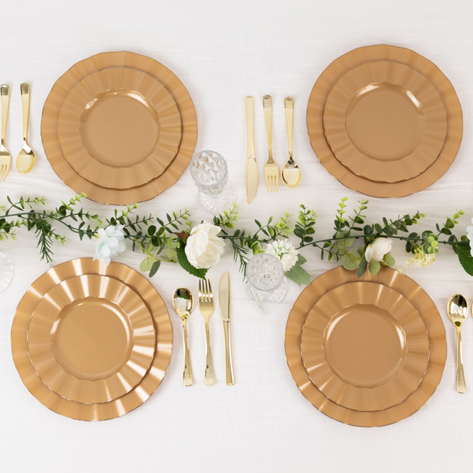 10-Pack Plastic 9" Round Dinner Plates in Gold with Ruffled Rim - Sturdy Disposable Dinnerware for Classy Events & Banquets