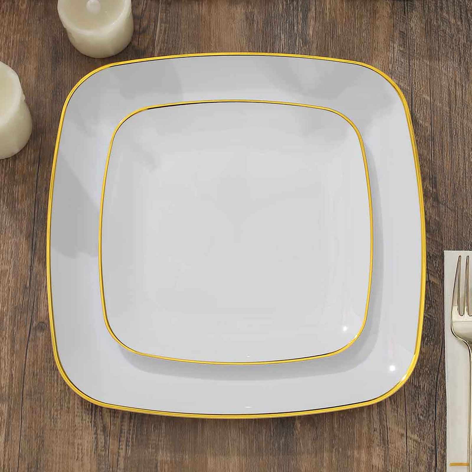 10-Pack Plastic 7" Square Dessert Plates in White with Gold Rim - Classy Disposable Appetizer Salad Plates for Weddings & Special Events