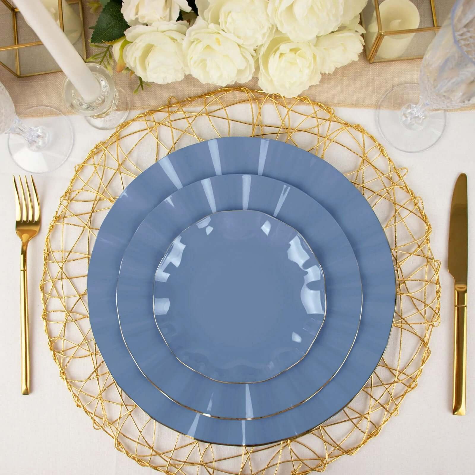 10-Pack Plastic Round 6" Dessert Plates in Ocean Blue Ruffled Rim with Gold Edging - Sturdy Disposable Salad Appetizer Dinnerware