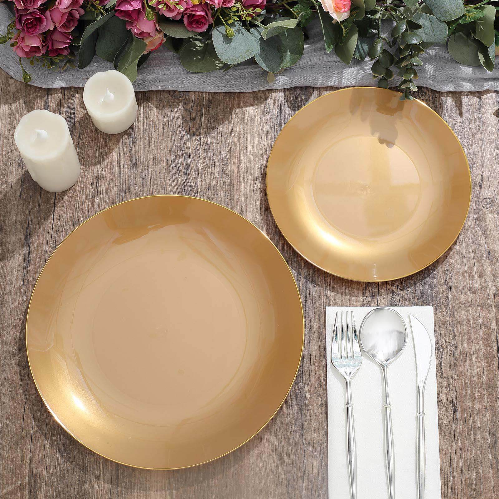 10-Pack Plastic 10" Round Dinner Plates in Gold with Gold Rim - Glossy Disposable Party Plates