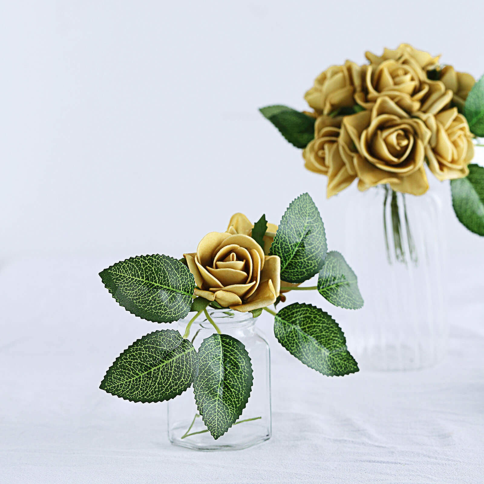 24 Roses 2" Gold Artificial Foam Flowers With Stem Wire and Leaves