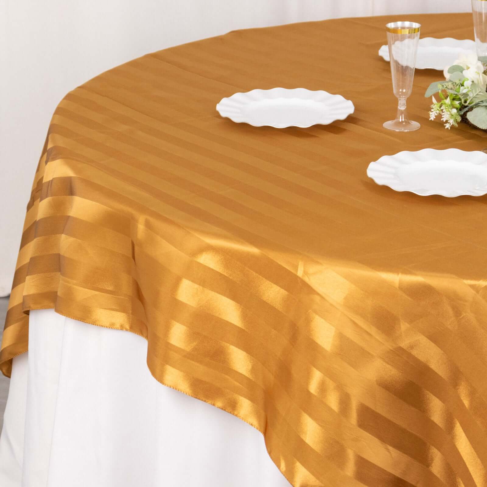 Satin 72"x72" Table Overlay Square Tablecloth Gold - Stripe Table Topper