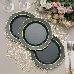 10-Pack Plastic 8" Round Dessert Plates in Hunter Emerald Green with Gold Scalloped Rim - Disposable Appetizer/Salad Plates