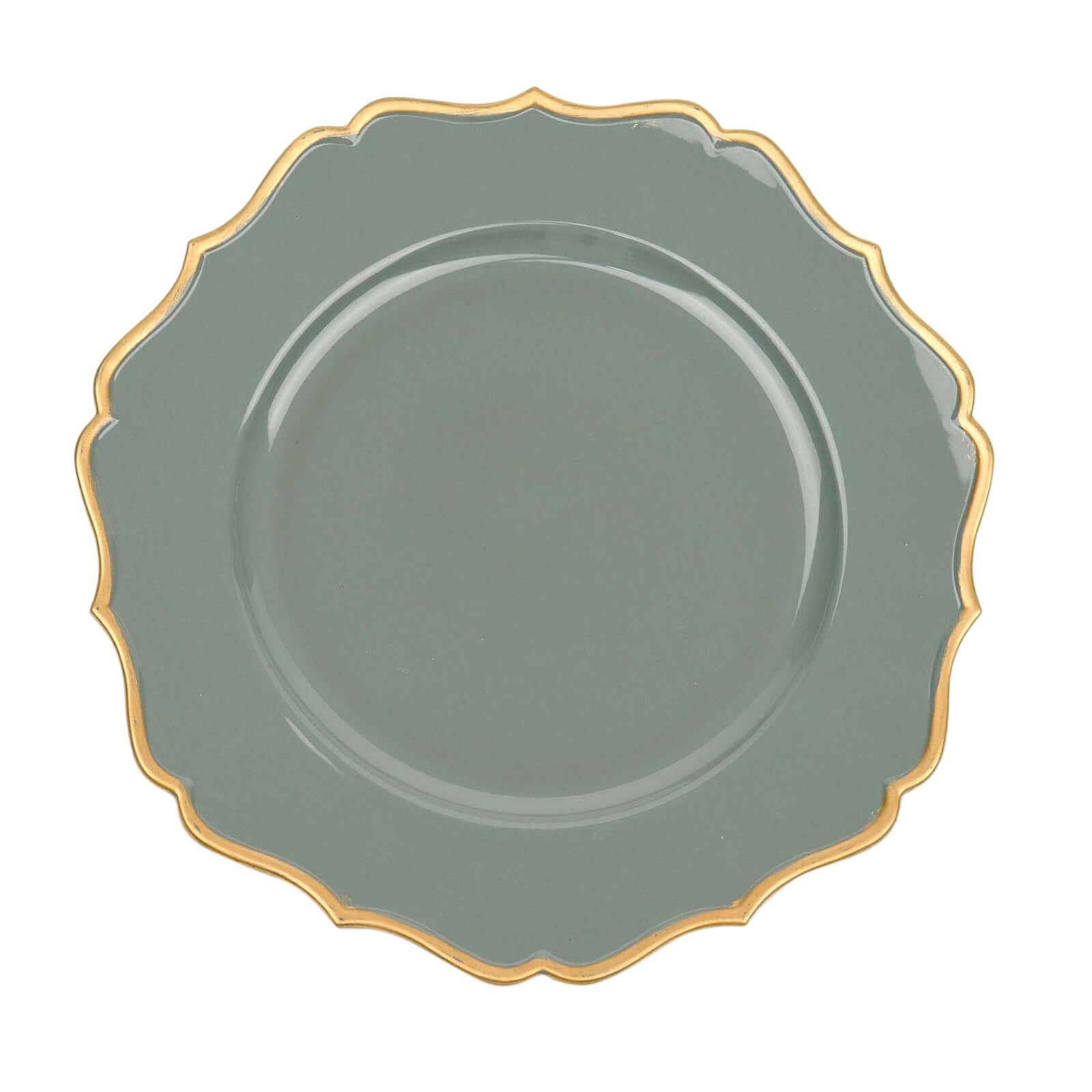 6-Pack Acrylic Round Charger Plates 13" in Olive Green with Gold Scalloped Rim, Decorative Dinner Party Plastic Charger Tableware