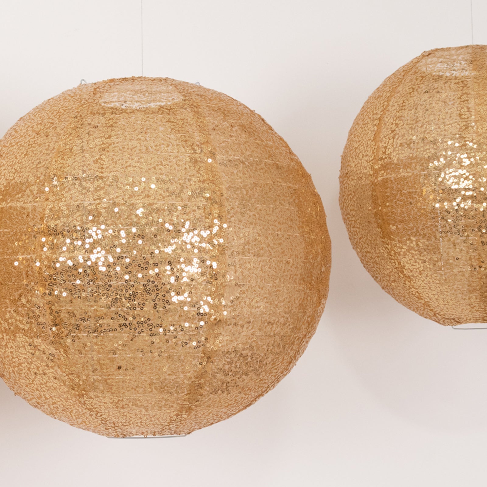 Set of 3 Glitter Gold Sequin Fabric Hanging Lanterns, Large Decorative Round Foldable Chinese Lantern Lampshades - 14",16",20"