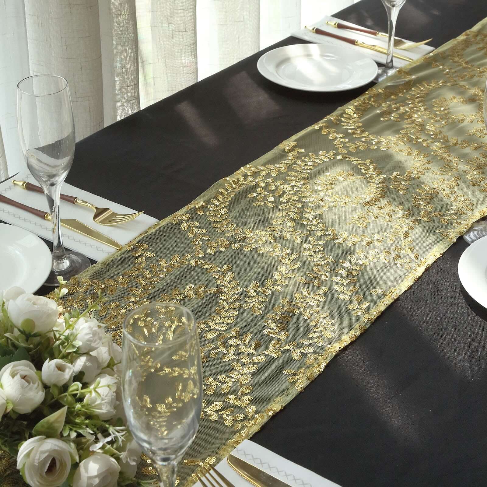 Mesh 12"x108" Table Runner Gold - Leaf Vine Sequin Embroidered Design for Sophisticated Occasion