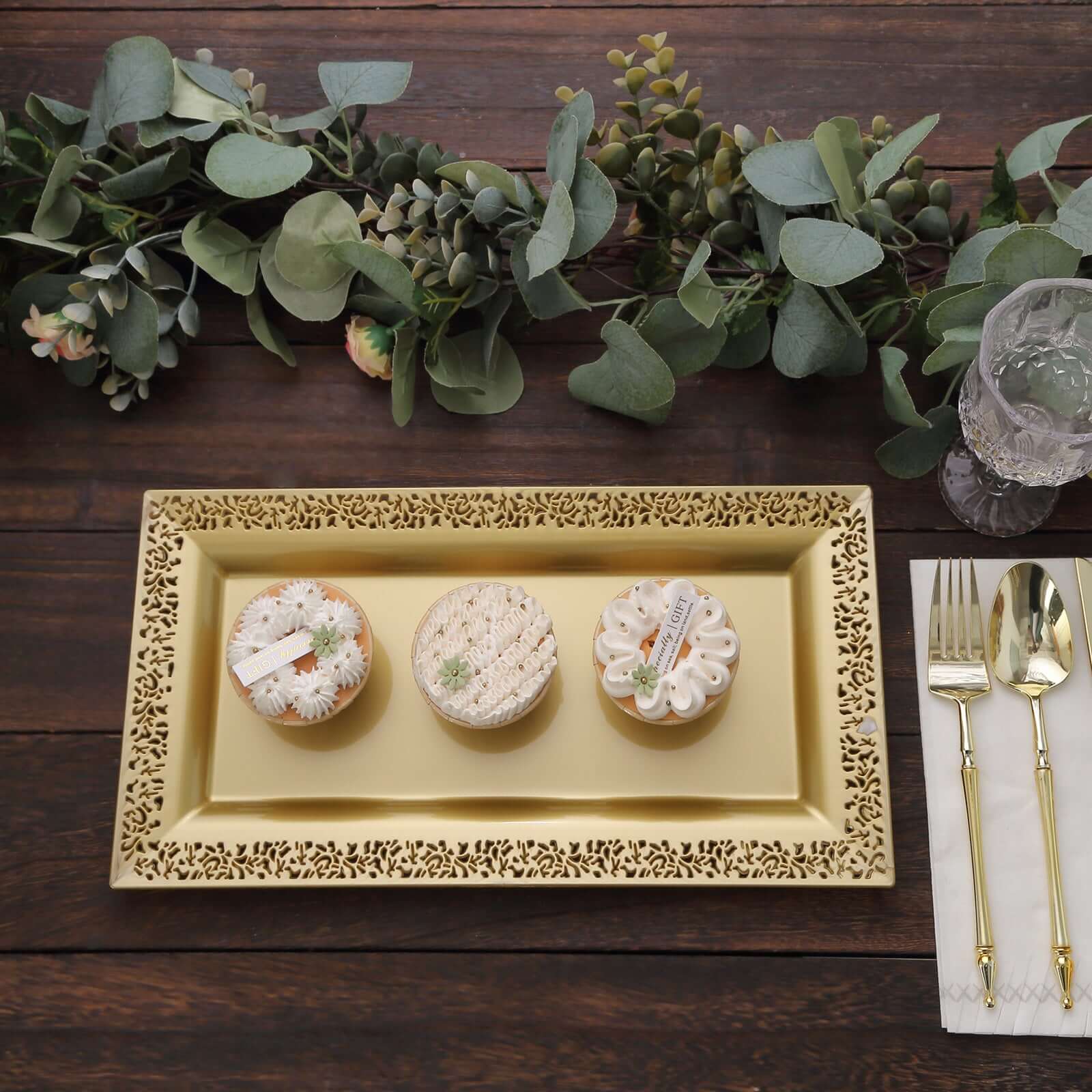 4-Pack Plastic 14" Rectangle Serving Trays Gold with Lace Rim - Chic Decorative Table Tray Platters for Buffets Banquets Dinner Parties