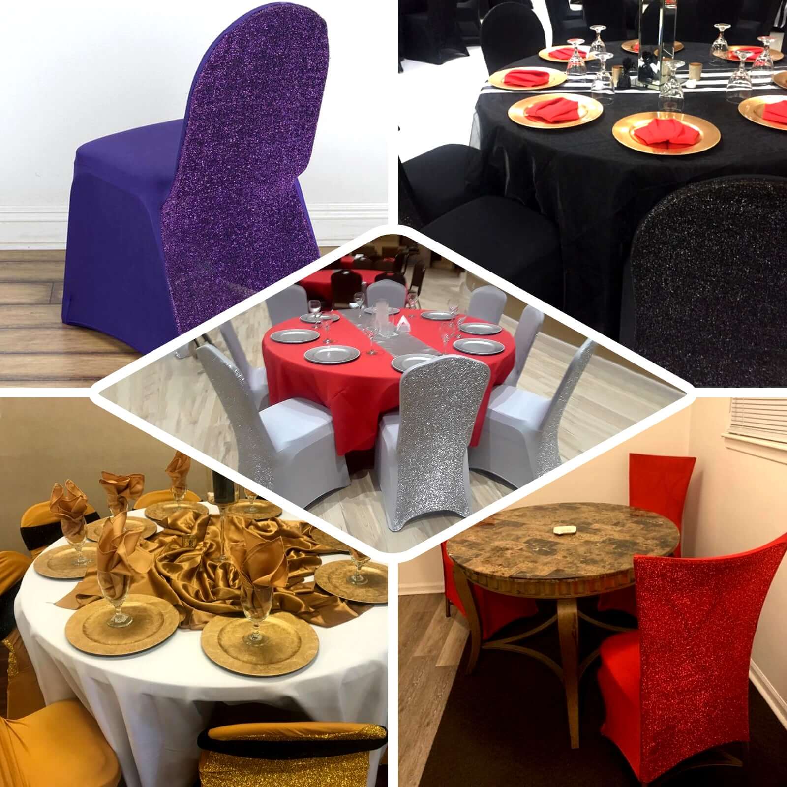 Spandex Chair Cover with Metallic Shimmer Tinsel Back for Banquet Chairs Gold - Luxe Fitted Slipcover for Weddings & Parties