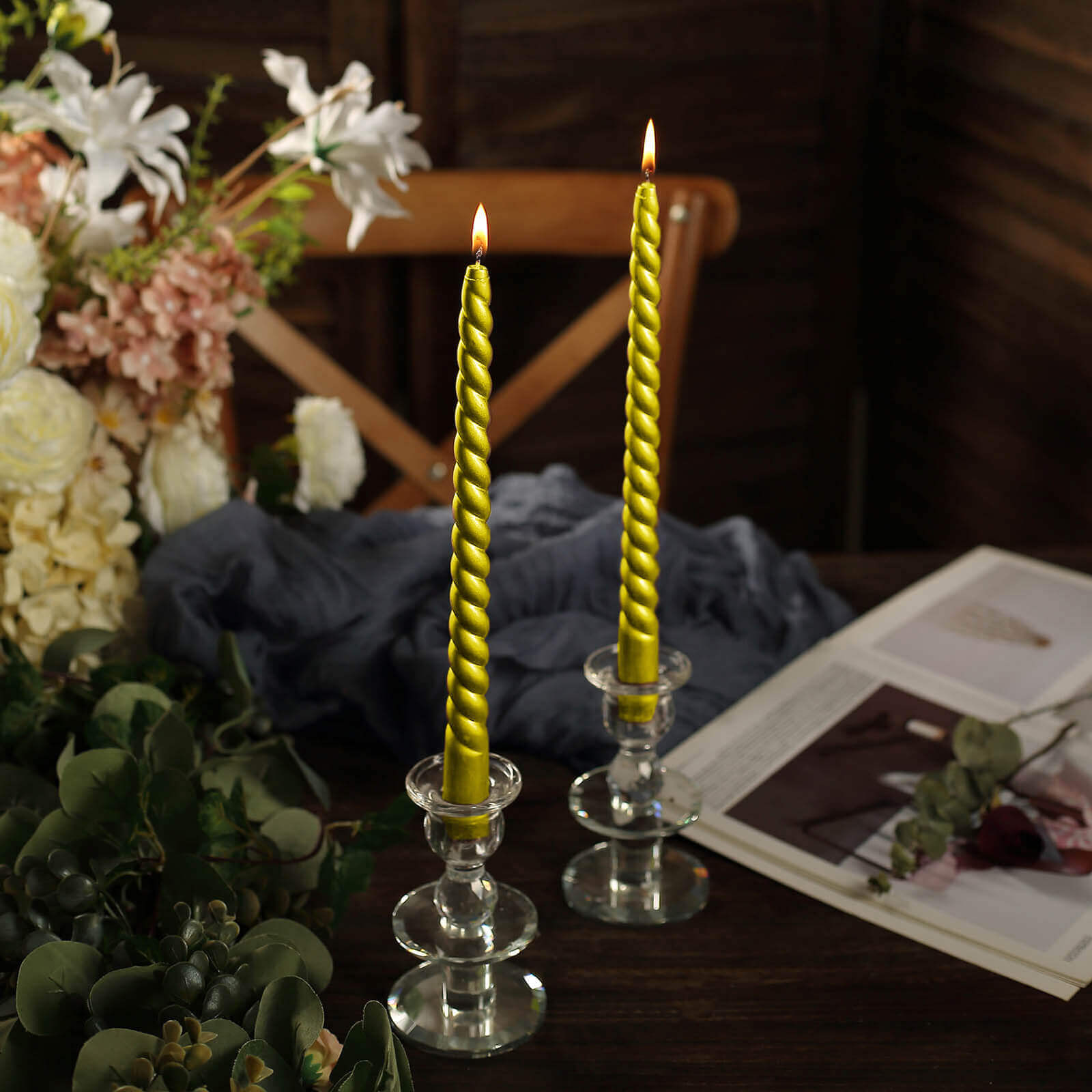 12-Pack Taper Candles Spiral Long Burn Wick Design Gold - Premium Unscented Wax Dinner Candle Sticks 11"