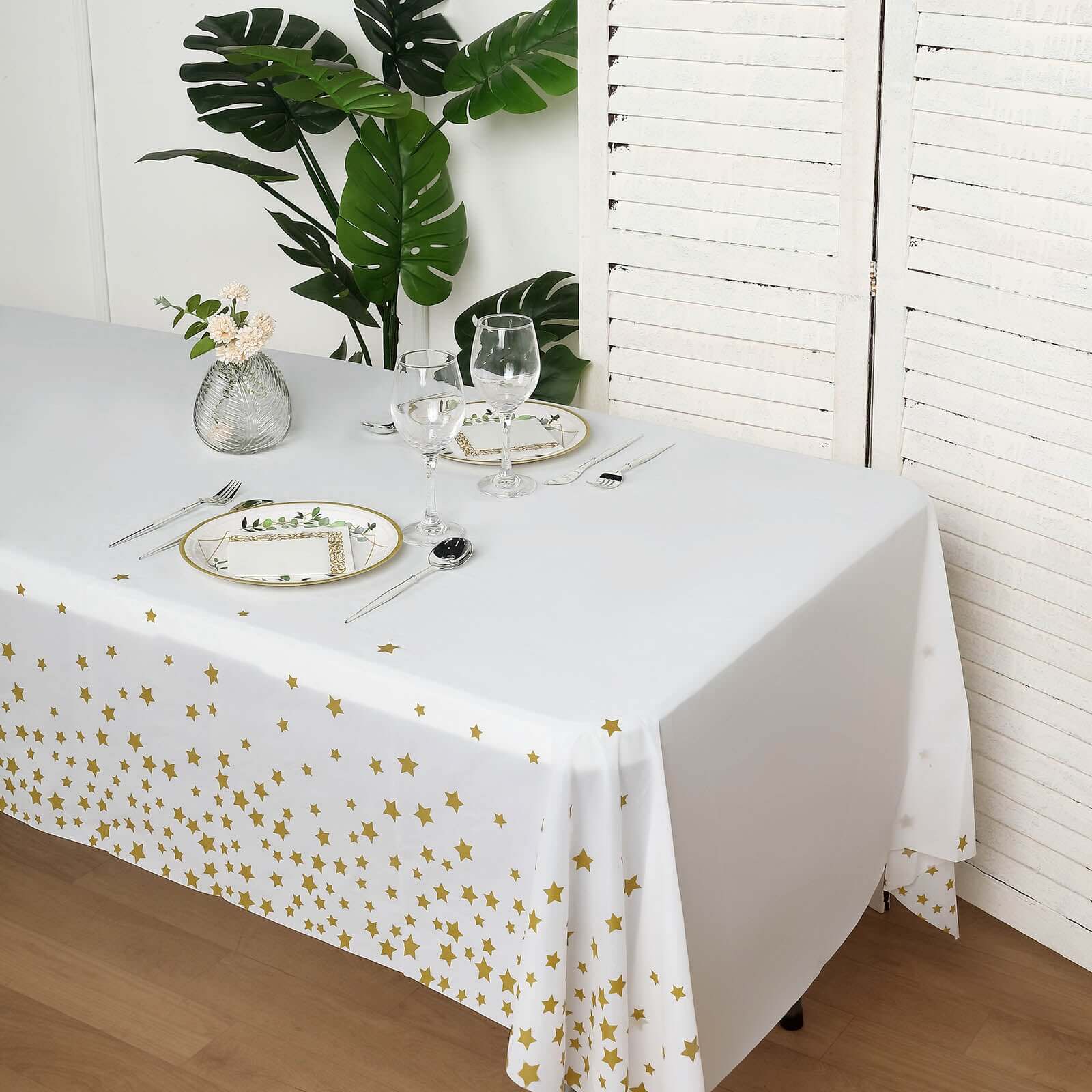5-Pack Plastic Table Covers White Rectangle with Gold Stars - Decorative PVC Disposable Tablecloths 54"x108"