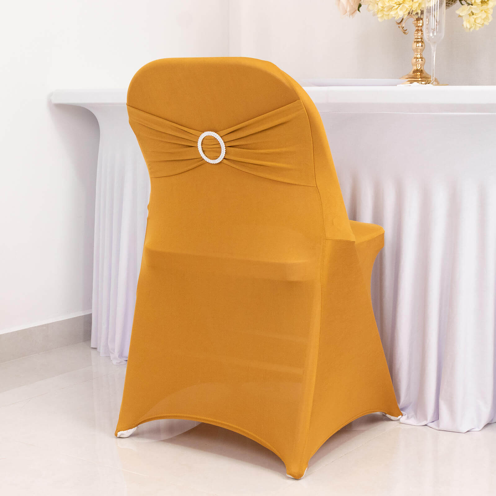Stretch Spandex Chair Cover Gold for Folding Chairs - Enhanced Style & Secure Fit Slipcover with Stunning Silver Rhinestone Buckled Sash Band