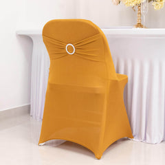 Stretch Spandex Chair Cover Gold for Folding Chairs - Enhanced Style & Secure Fit Slipcover with Stunning Silver Rhinestone Buckled Sash Band