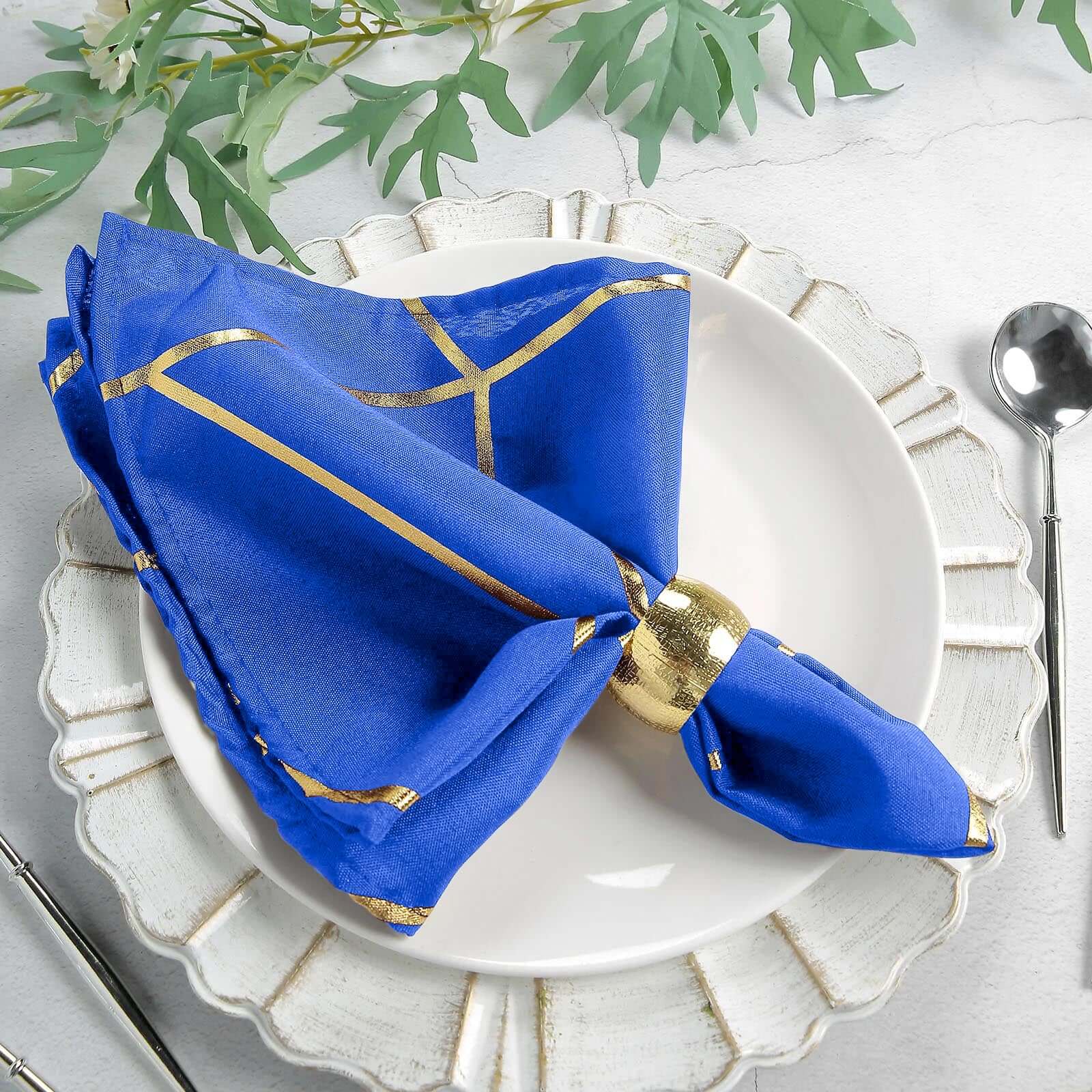 5 Pack Polyester 20"x20" Napkins Royal Blue with Gold Geometric Foil Pattern - Modern Reusable Dinner Napkins