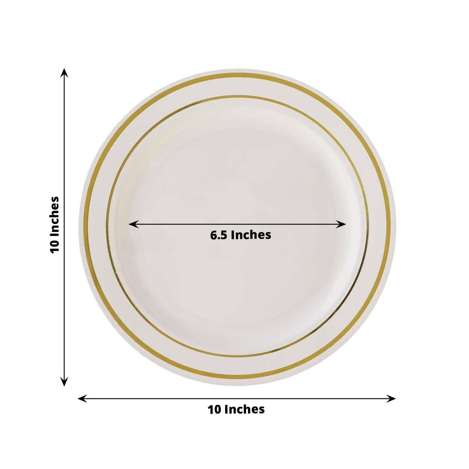 10-Pack Plastic Dinner Plates Ivory with Très Chic Gold Rim - Disposable Party Plates for Gatherings 10"