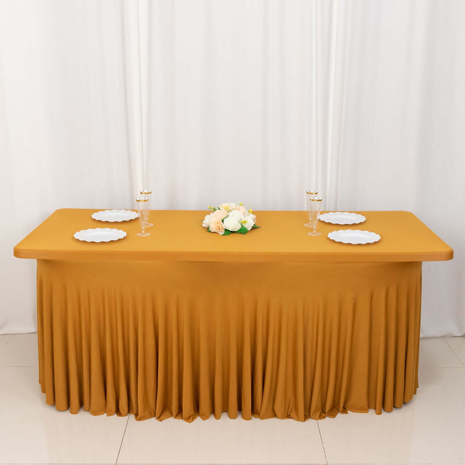 Spandex Rectangle 72"x30" Table Skirt Gold with Wavy Skirt-Like Effect Stylish Table Cover for Weddings, Banquets & Trade Shows