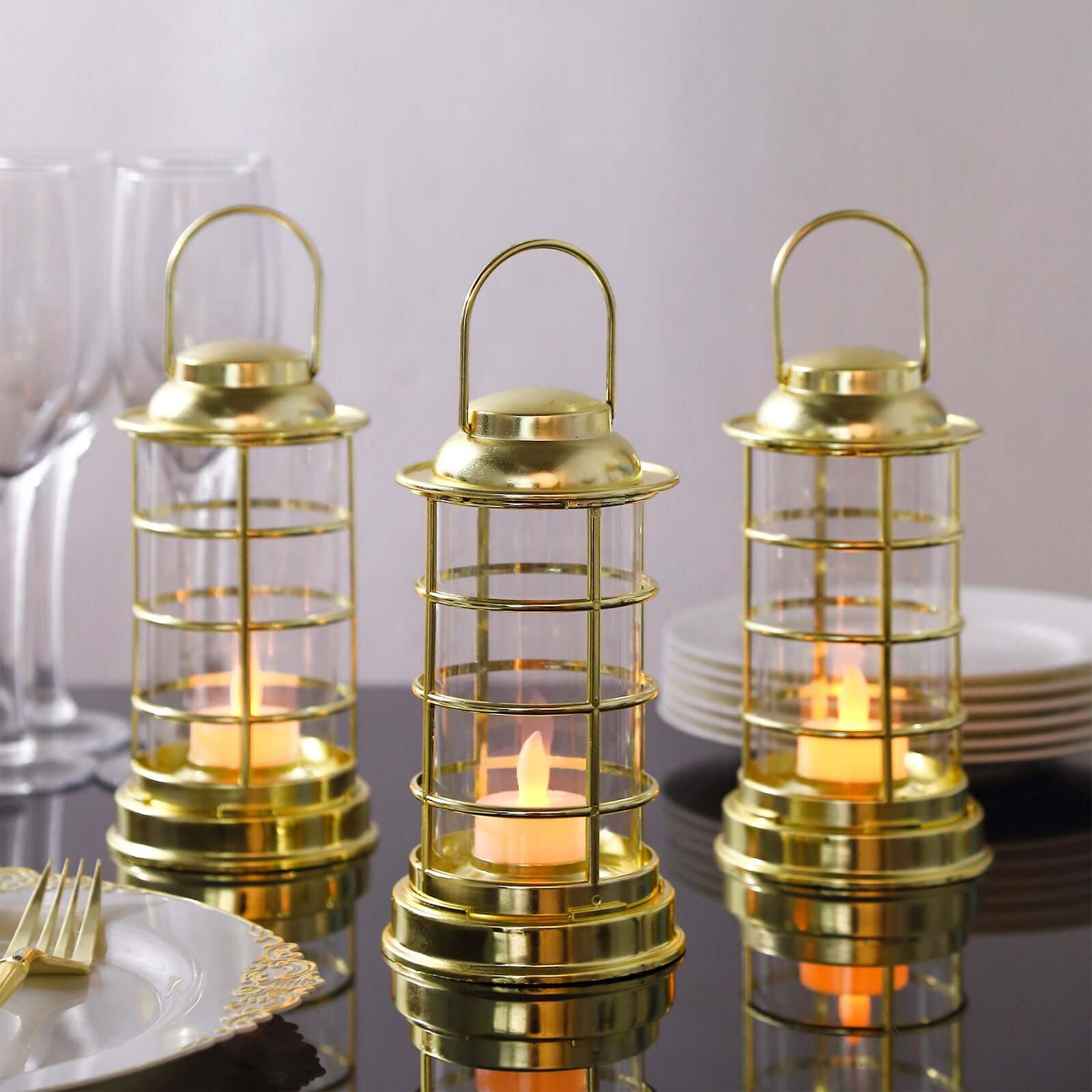 3-Pack LED Tealight Candles Decorative Gold - Battery Operated Mini Lantern Lamps 7"