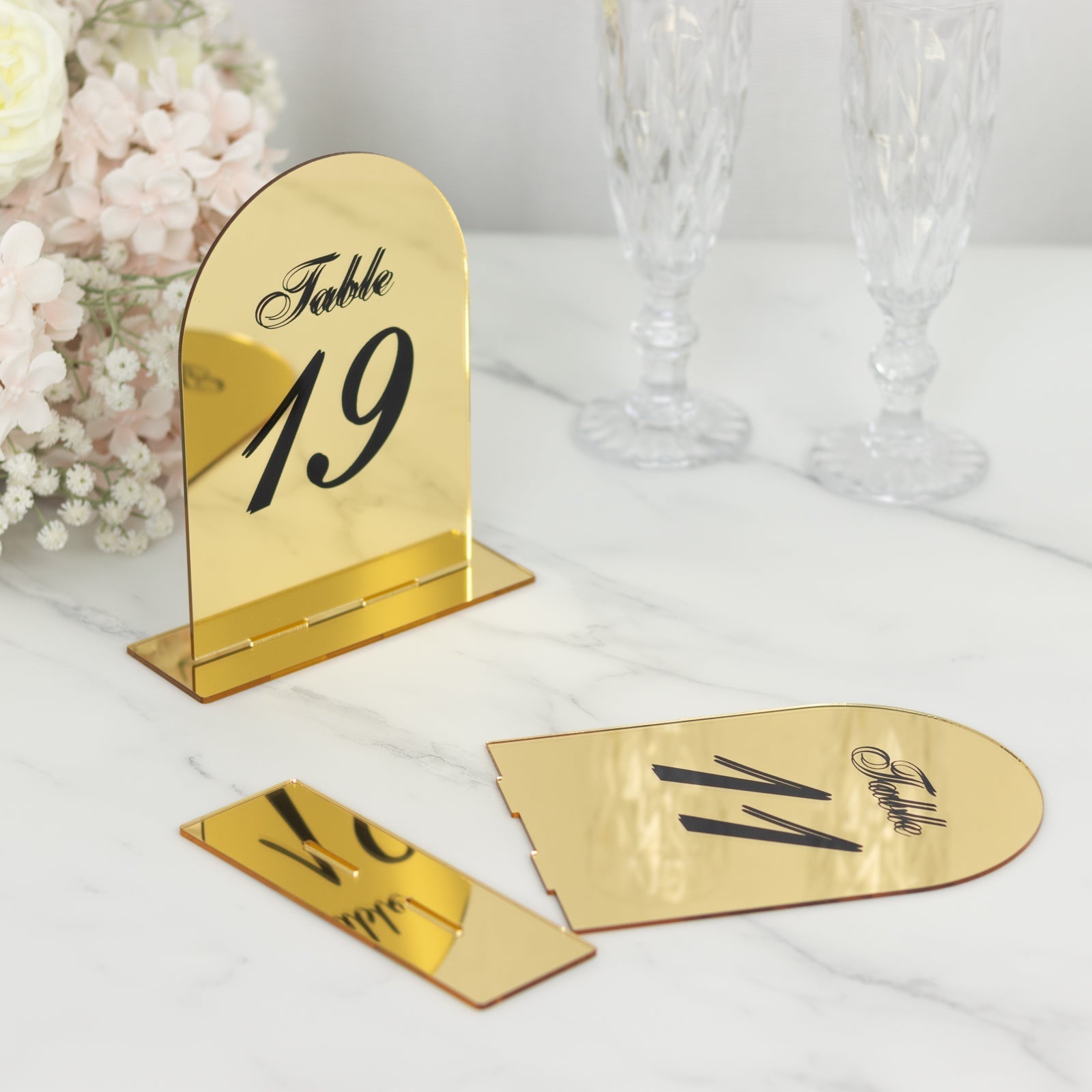 Gold Mirror Arch Acrylic Table Numbers (11-20) - 6"x7" Wedding Reception Signs with Black Print & Stands