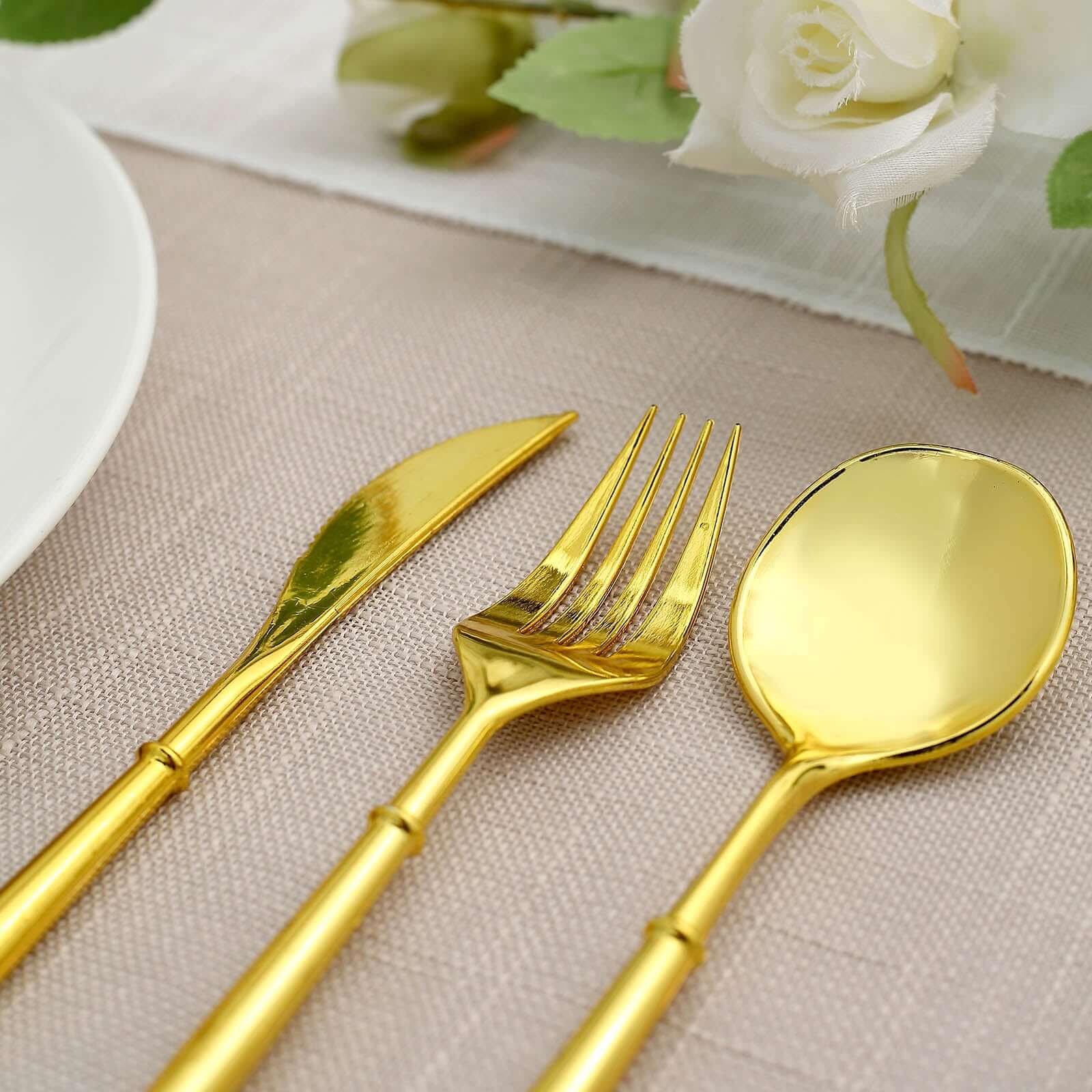 24-Pack Plastic Flatware Set in Gold - Heavy Duty Disposable Modern Silverware 8"