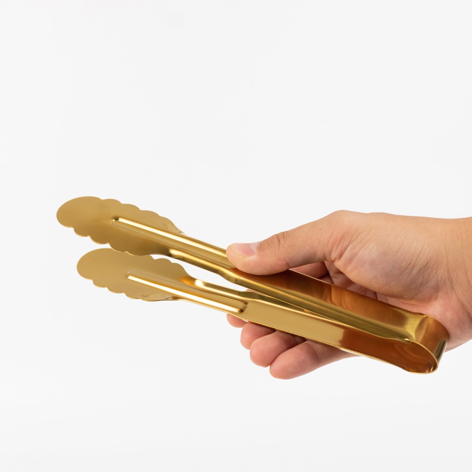 10-Pack Metal Serving Tongs Gold - Stainless Steel Food Safe Kitchen Tongs with Scalloped Gripping Edge for Indoor & Outdoor Gatherings 9.5"