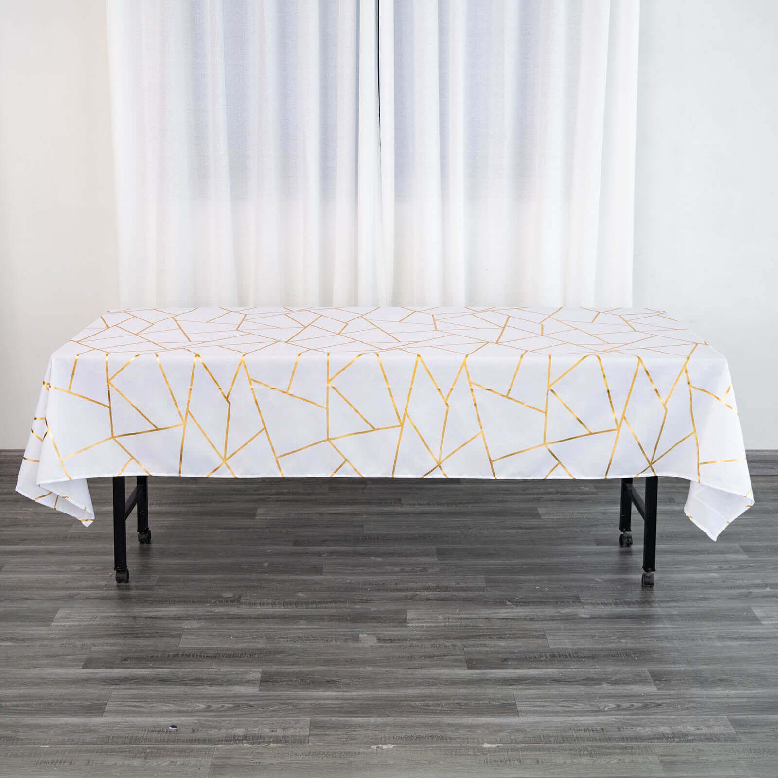 Polyester 60"x102" Rectangle Tablecloth White with Gold Foil Geometric Pattern - Wrinkle-Resistant and Durable Table Cover for Weddings & Events