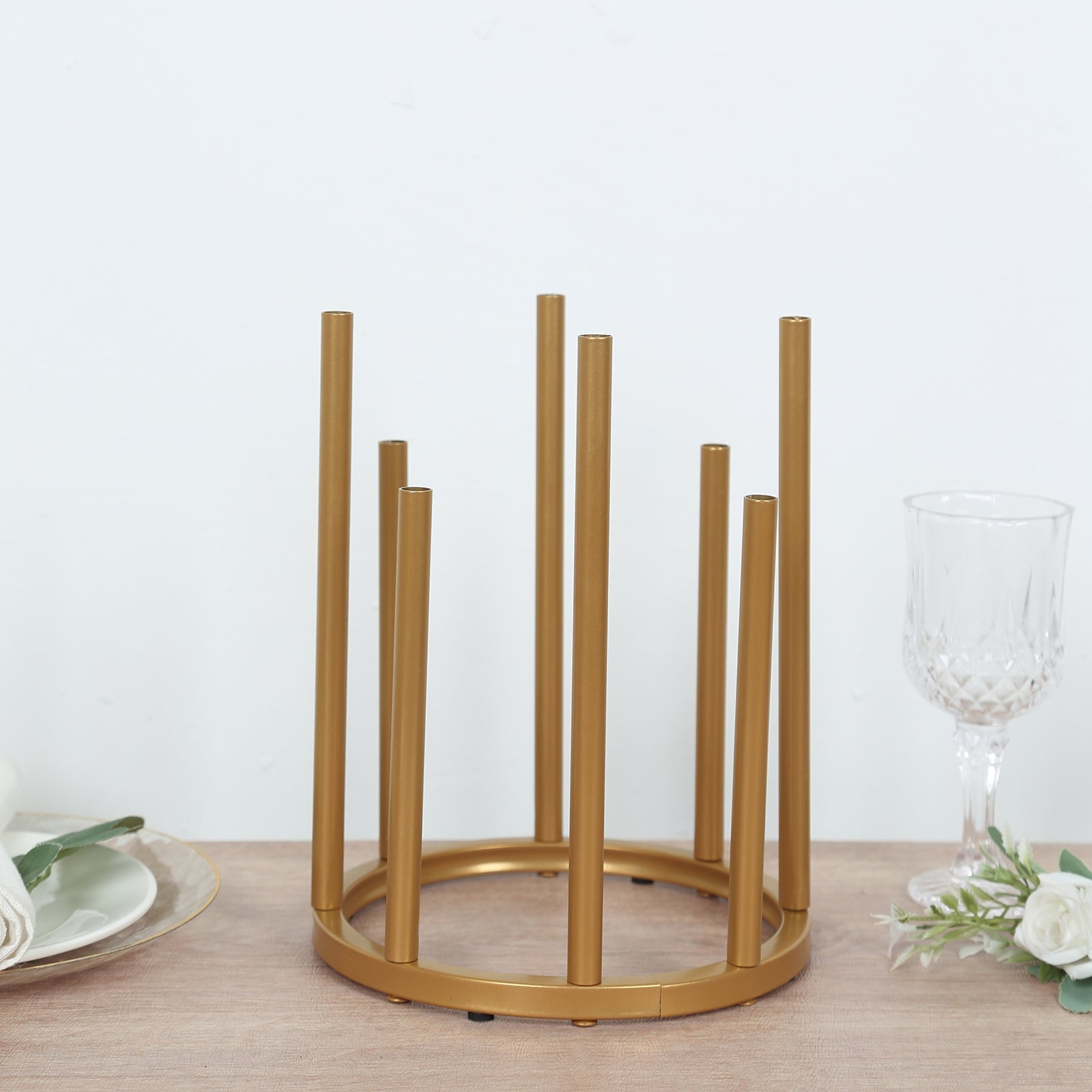 Flower Vase Gold Metal Minimalist 8-Tubes Round Base Design - Single Stem Bud Centerpiece for Arrangements 10"