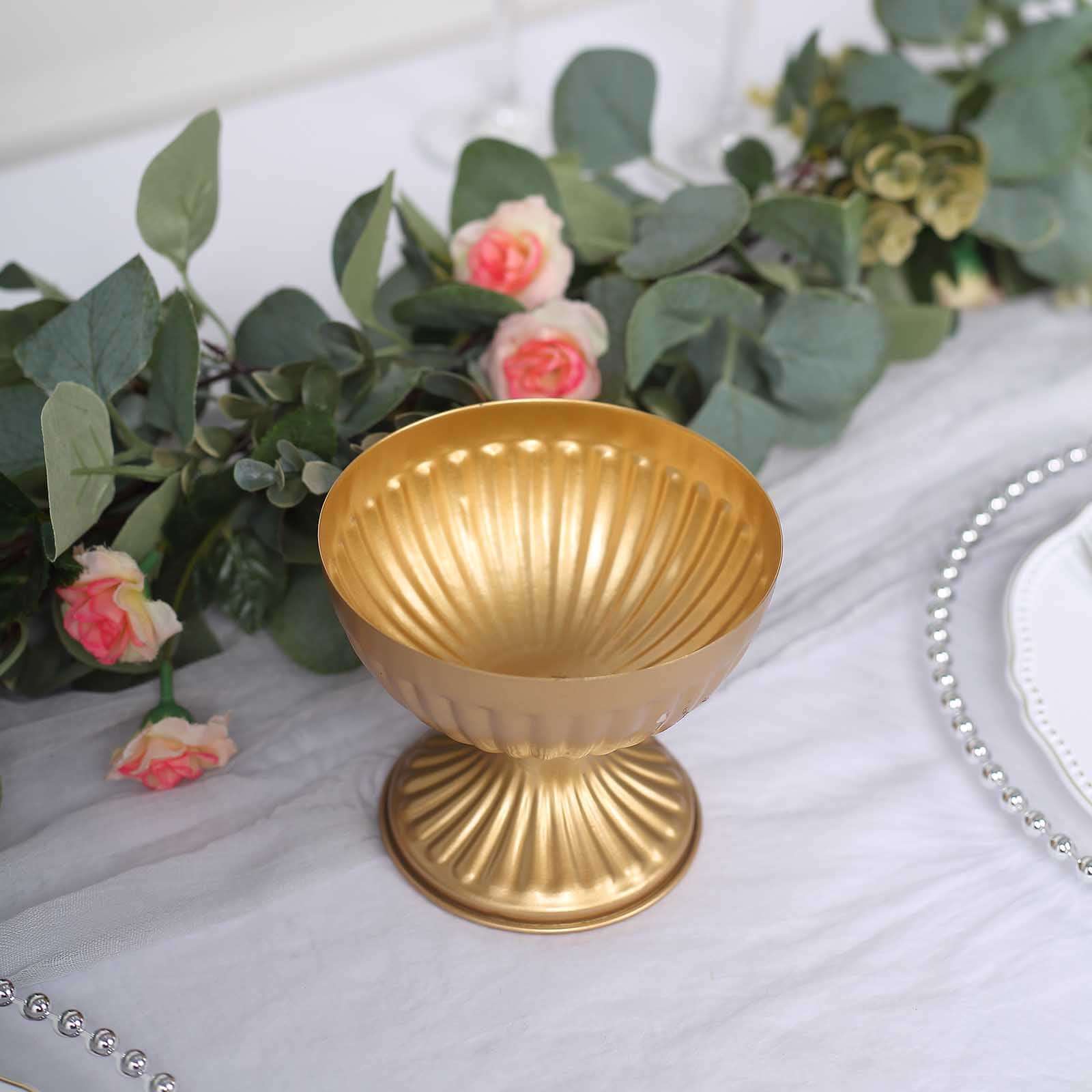 2-Pack Metal Pedestal Flower Vases Ribbed Bowl Style Gold - Antique Mini Compote Vase for Sophisticated Wedding Centerpieces 4"