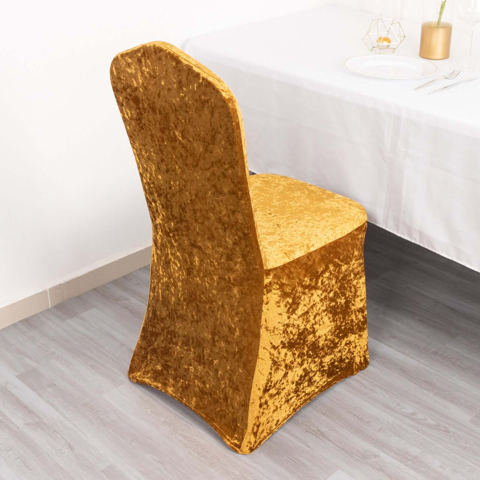 Crushed Velvet Spandex Banquet Chair Cover Fitted Slipcover Gold - Stretch 190GSM Slipcover with Foot Pockets