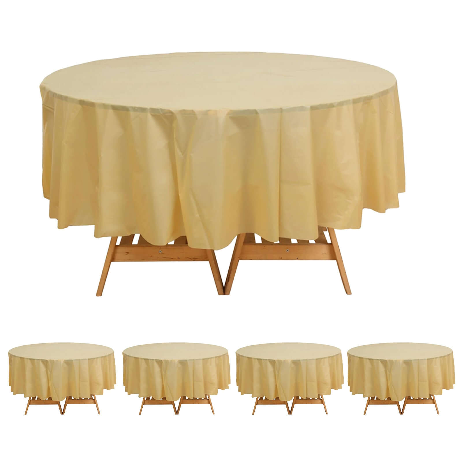 5-Pack Plastic Table Covers Gold Round - Durable PVC Disposable Tablecloths for Events 84"