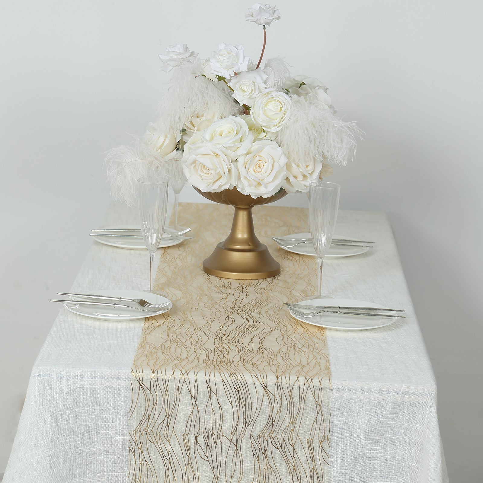 5 Pack Organza 12"x108" Table Runners Gold - Gold Wave Design
