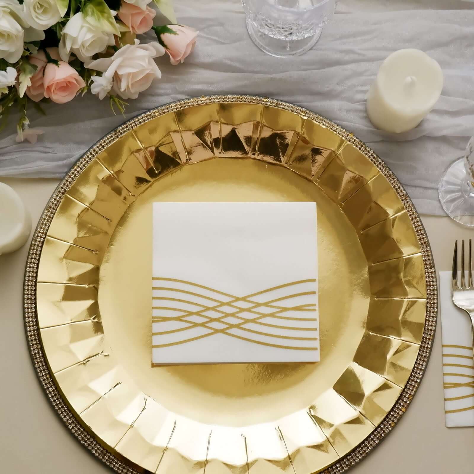 20 Pack Linen-Like Paper 5"x5" Napkins White with Gold Foil Wave Design - Classy Disposable Airlaid Cocktail Napkins