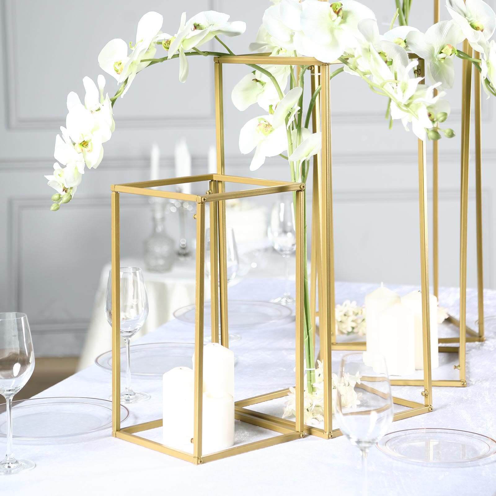 Set of 4 Metal Flower Stands Frame Wedding Column Centerpieces Matte Gold - Durable Display 16"/24"/32"/40"