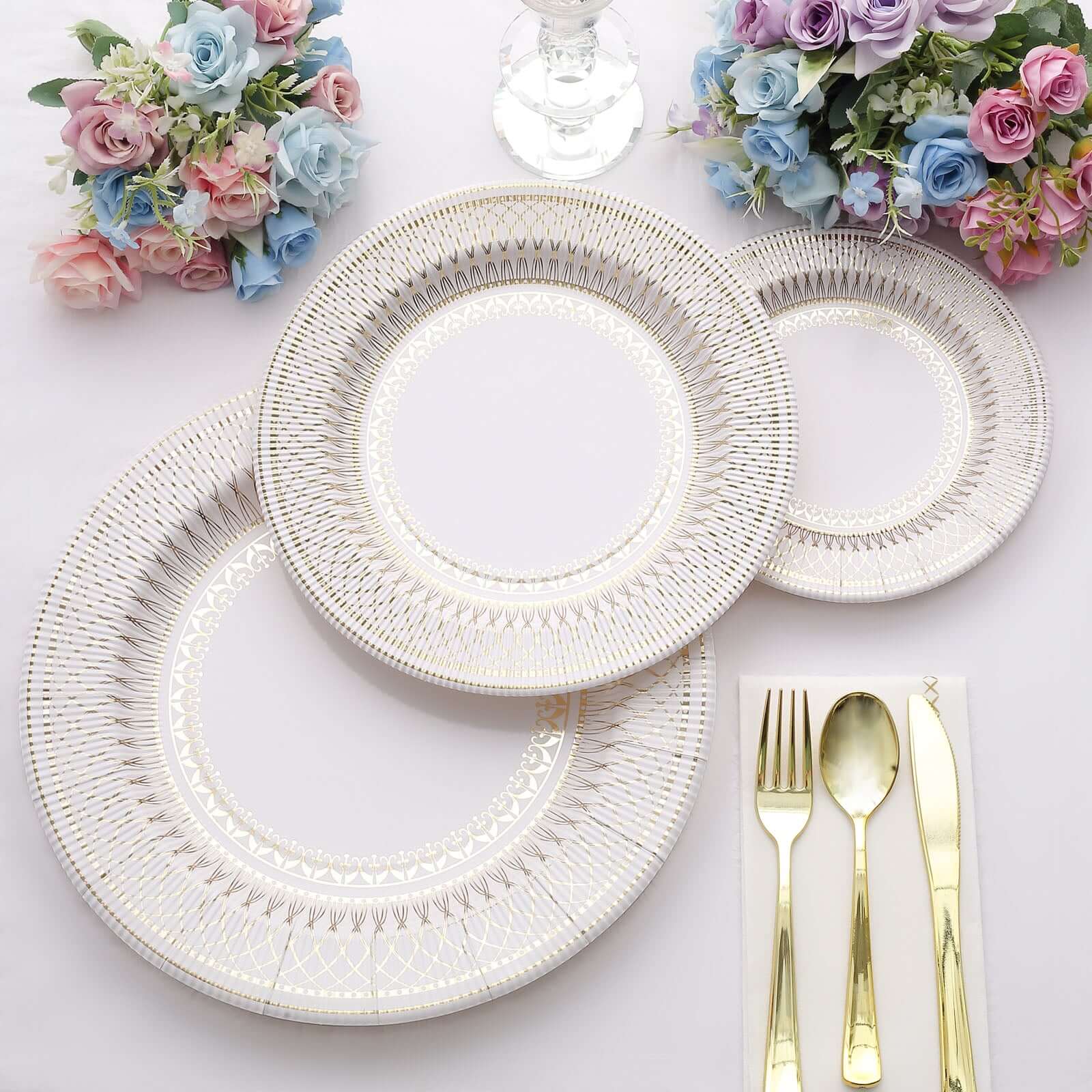 25-Pack Paper 8" Round Dessert Plates in White with Gold Vintage Porcelain Style Rim - Disposable 300GSM Salad Appetizer Plates