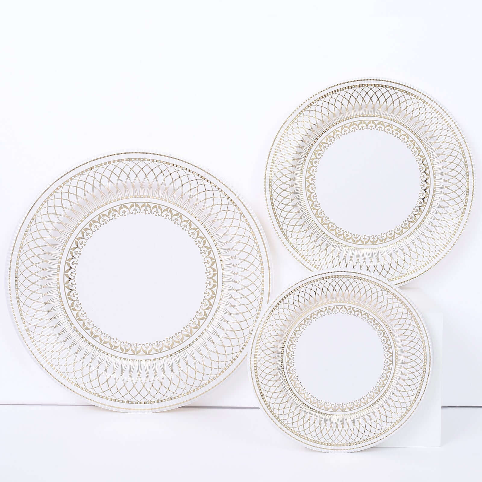 25-Pack Paper 8" Round Dessert Plates in White with Gold Vintage Porcelain Style Rim - Disposable 300GSM Salad Appetizer Plates