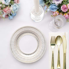 25-Pack Paper 8" Round Dessert Plates in White with Gold Vintage Porcelain Style Rim - Disposable 300GSM Salad Appetizer Plates